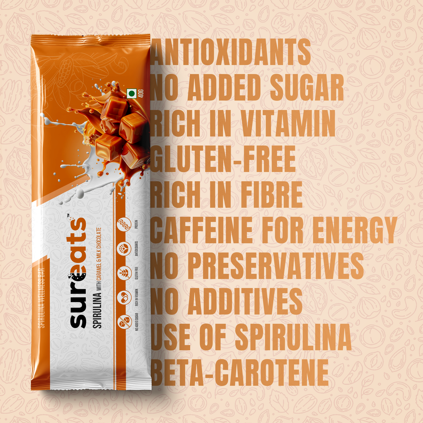 Spirulina Wellness Bar | Caramel and Milk Chocolate | 6 x 40g each - Pack of 6