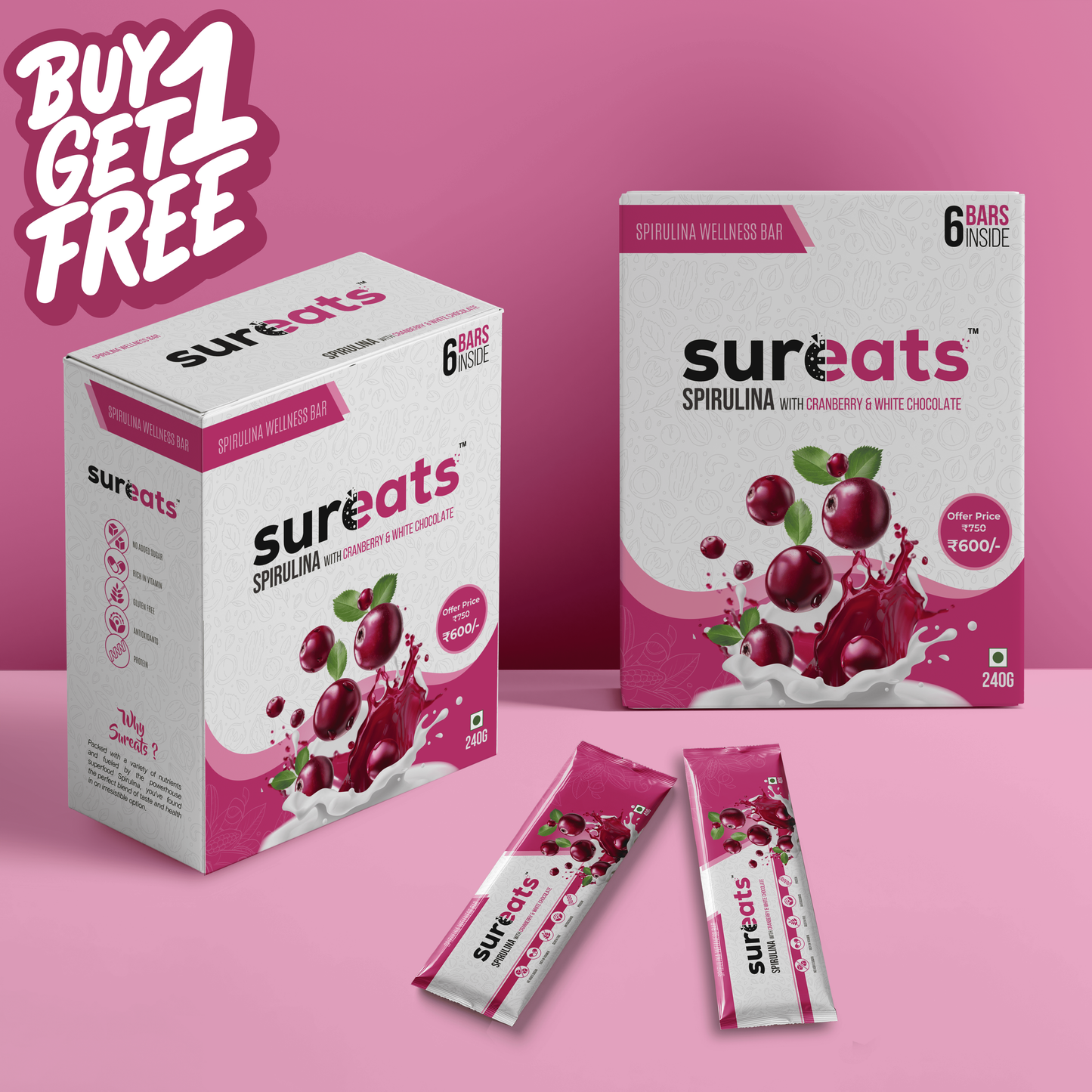 Spirulina Wellness Bar | Cranberry and White Chocolate | 6 x 40g each - Pack of 6
